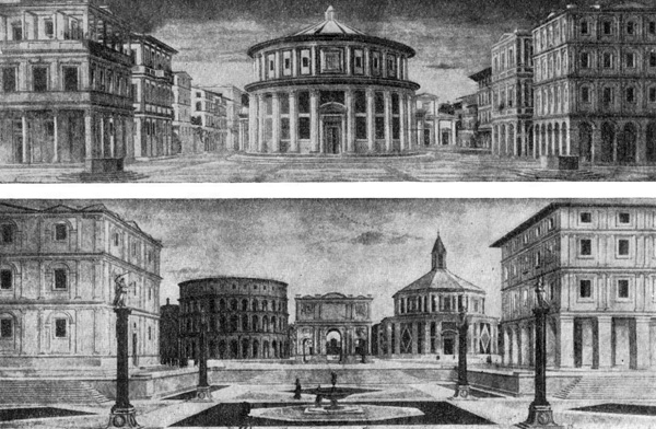 Архитектура эпохи Возрождения в Италии: Ведуты, приписываемые Лучано да Лаурана (верхняя — в Урбино, нижняя — в Балтиморе, США)