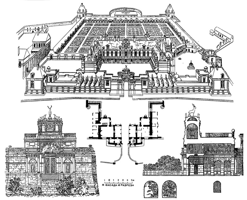 Архитектура Франции эпохи Возрождения: Анэ. Замок, начат в 1546 г. Ф. Делорм. Общий вид по Дюсерсо; ворота — план, фасад и разрез